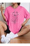 Floral Desen T-Shirt - Pembe Baskılı Oversize Bisiklet Yaka Kısa Kol Tişört