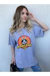 Looney Tunes T-shirt - Gri Baskılı Oversize Bisiklet Yaka Kısa Kol Tişört