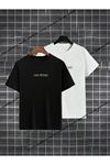 2'Li Las Vegas T-Shirt - Siyah Beyaz Baskılı Oversize Bisiklet Yaka Kısa Kol Tişört