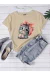 Oversize Bej Sevimli Minik Kedi Baskılı T-shirt Unisex Rahat Kalıp