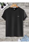 Kuş Logo Minimal T-shirt - Siyah Oversize Baskılı Bisiklet Yaka