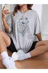 Floral Desen T-shirt - Gri Baskılı Oversize Bisiklet Yaka Kısa Kol Tişört