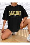 Malibu Kalp T-Shirt - Siyah Baskılı Oversize Bisiklet Yaka Kısa Kol