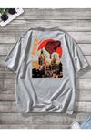 Erkek Gri Oversize Japanese Dinazor Baskılı T-shirt