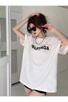 Welenaga T-Shirt - Beyaz Baskılı Oversize Bisiklet Yaka Kısa Kol