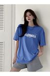 Welenaga T-Shirt - Mavi Baskılı Oversize Bisiklet Yaka Kısa Kol
