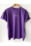 Brooklyn Minimal Yazı T-Shirt - Mor Baskılı Oversize Bisiklet Yaka Kısa Kol