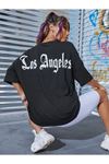 Los Angeles Sırt T-shirt - Siyah Oversize Baskılı Bisiklet Yaka