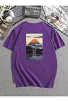 Mount Fuji Baskılı Mor T-shirt Oversize Unisex