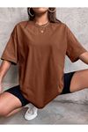 Düz Basic T-Shirt - Kahverengi Oversize Bisiklet Yaka Kısa Kol
