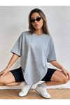 Düz Basic T-Shirt - Gri Oversize Bisiklet Yaka Kısa Kol