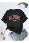 California Wc T-Shirt - Siyah Baskılı Oversize Bisiklet Yaka Kısa Kol