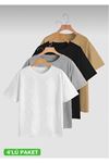 Basic Düz 4'lü Çoklu T-shirt - Siyah, Beyaz, Gri, Kahverengi Oversize Bisiklet Yaka