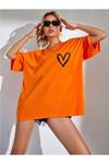 Minimal Kalp T-shirt - Turuncu Baskılı Oversize Bisiklet Yaka Kısa Kol Tişört