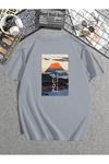 Mount Fuji Baskılı Boyalı Gri T-shirt Oversize Unisex