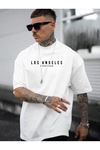 Losangeles Downtown baskılı Pamuklu Beyaz T-shirt - Oversize Unisex Tişört