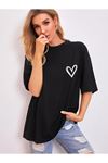 Minimal Kalp T-shirt - Siyah Baskılı Oversize Bisiklet Yaka Kısa Kol Tişört