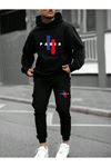 Paris Desen Eşofman Takımı Sweatshirt Jogger - Siyah Baskılı Oversize Şardonlu Kapüşonlu
