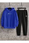 Know Yazılı Eşofman Takımı Sweatshirt Jogger - Sax Mavi Siyah Baskılı Oversize Şardonlu Kapüşonlu