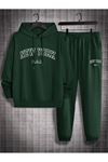 New York U.S.A Eşofman Takımı Sweatshirt Jogger - Yeşil Baskılı Oversize Şardonlu Kapüşonlu