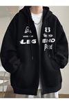 Siyah Kapşonlu Unisex LEGEND Fermuarlı Hırka