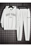 New York U.S.A Eşofman Takımı Sweatshirt Jogger - Beyaz Baskılı Oversize Şardonlu Kapüşonlu