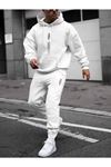 Dikey Eşofman Takımı Sweatshirt Jogger - Beyaz Baskılı Oversize Şardonlu Kapüşonlu