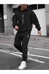 Dikey Eşofman Takımı Sweatshirt Jogger - Siyah Baskılı Oversize Şardonlu Kapüşonlu