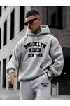 Brooklyn 1631 Eşofman Takımı Sweatshirt Jogger - Gri Baskılı Oversize Şardonlu Kapüşonlu