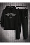 New York U.S.A Eşofman Takımı Sweatshirt Jogger - Siyah Baskılı Oversize Şardonlu Kapüşonlu