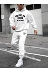 Brooklyn 1631 Eşofman Takımı Sweatshirt Jogger - Beyaz Baskılı Oversize Şardonlu Kapüşonlu