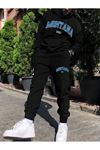 Montana Eşofman Takımı Sweatshirt Jogger - Siyah Baskılı Oversize Şardonlu Kapüşonlu