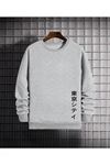 Unisex Gri Japanese Baskılı Oversize Sweatshirt