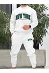 Beatiful New York Eşofman Takımı Sweatshirt Jogger - Beyaz Baskılı Oversize Şardonlu Bisiklet Yaka