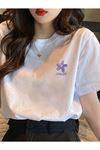 Unisex Beyaz Oversize Flower Baskılı Örme T-shirt