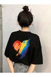 Unisex Siyah Oversize Kalp Desen Baskılı Örme T-shirt