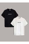 2'li Siyah Beyaz - Unisex Oversize Yaka Brooklyn Baskılı Örme T-shirt