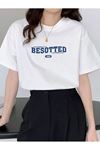 Unisex Beyaz Oversize Besotted Baskılı Örme T-shirt
