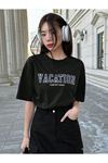 Unisex Siyah Oversize Vacation Baskılı Örme T-shirt