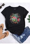 Unisex Siyah Oversize Grow Flowers Baskılı Örme T-shirt