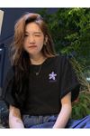 Unisex Siyah Oversize Flower Baskılı Örme T-shirt