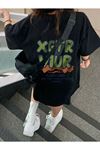 Unisex Siyah Oversize XGTR Baskılı Örme T-shirt