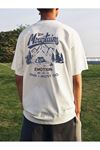 Unisex Beyaz Oversize Mountains Baskılı Örme T-shirt
