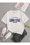 Beyaz Oversize Holiday Baskılı Örme T-shirt