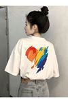 Unisex Beyaz Oversize Kalp Desen Baskılı Örme T-shirt
