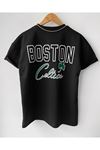 Unisex Siyah Oversize Boston Logo Baskılı Pamuklu T-shirt