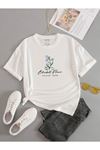 Unisex Beyaz Oversize Forever Flower Baskılı Örme T-shirt
