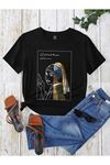 Unisex Siyah Oversize Tablo Tasarım Baskılı Örme T-shirt