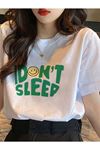 Unisex Beyaz Oversize I Dont Sleep Baskılı Örme T-shirt