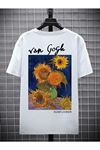 Unisex Beyaz Oversize Van Gogh Baskılı Örme T-shirt